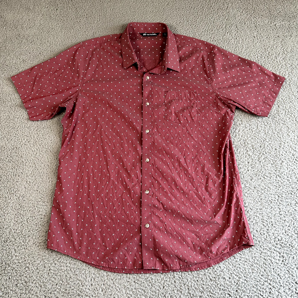 Travis Mathew Shirt Men's XL Red Geometric Button Up Short Sleeve Pocket Stretch